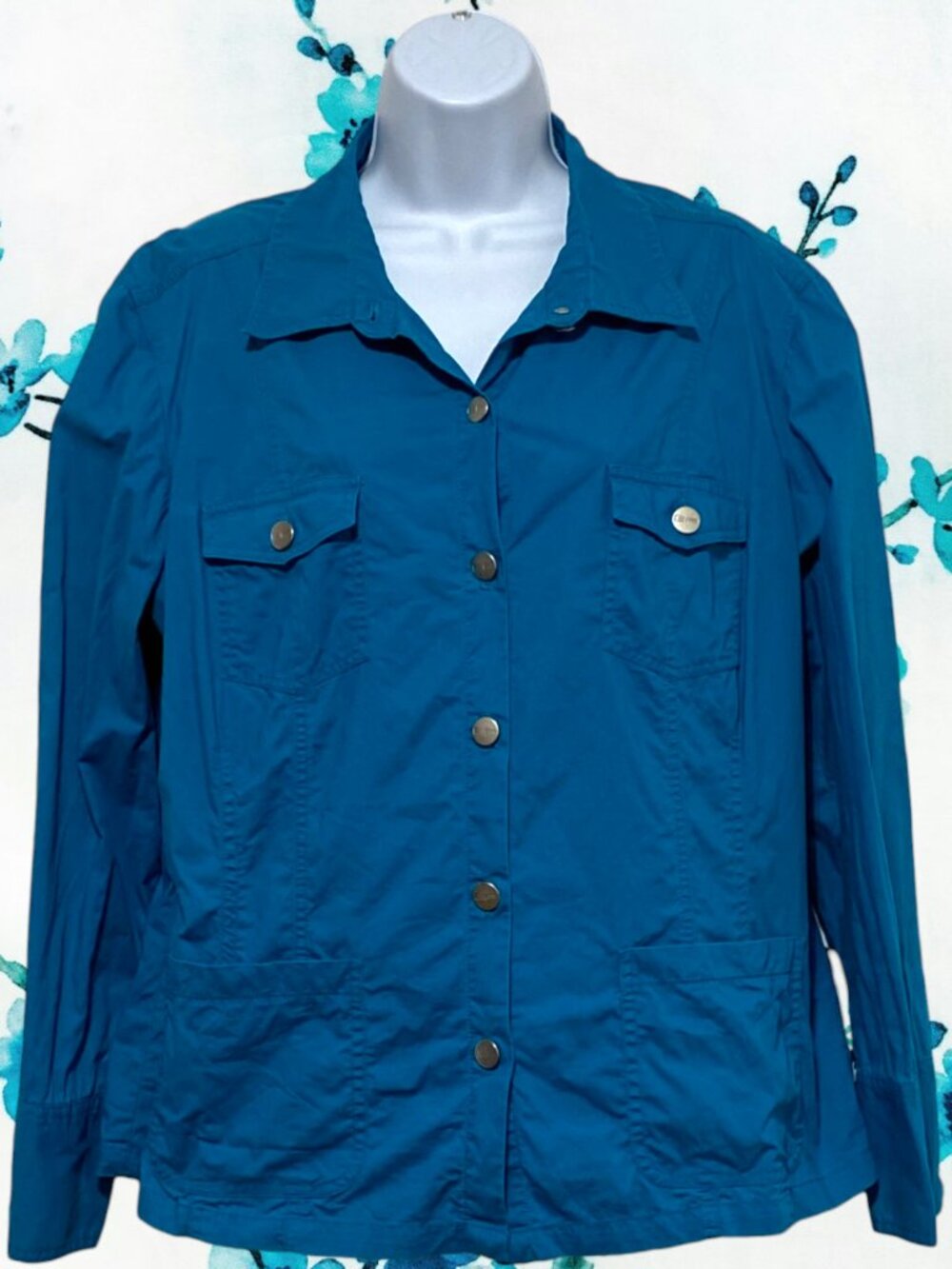 Evan Picone-Women's Plus Size 1X Blue Jacket Pockets Long Sleeve Button Down